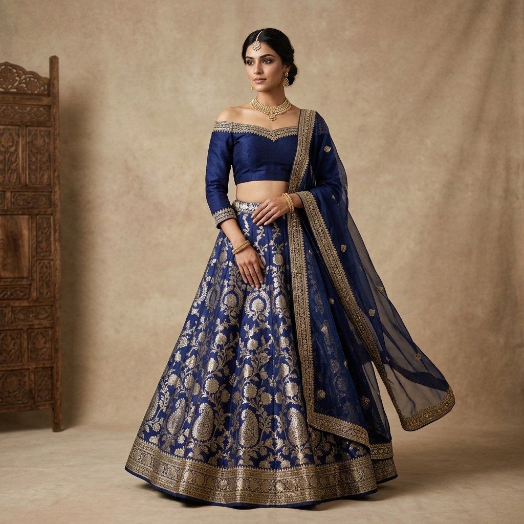 Neelambari Indigo Brocade Lehenga — Luxury Editorial Closeup