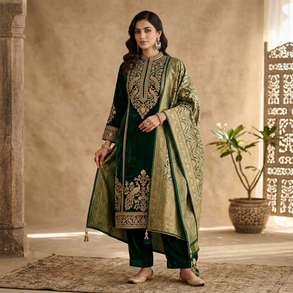Noor Velvet Kurta Set — Luxury Editorial Closeup