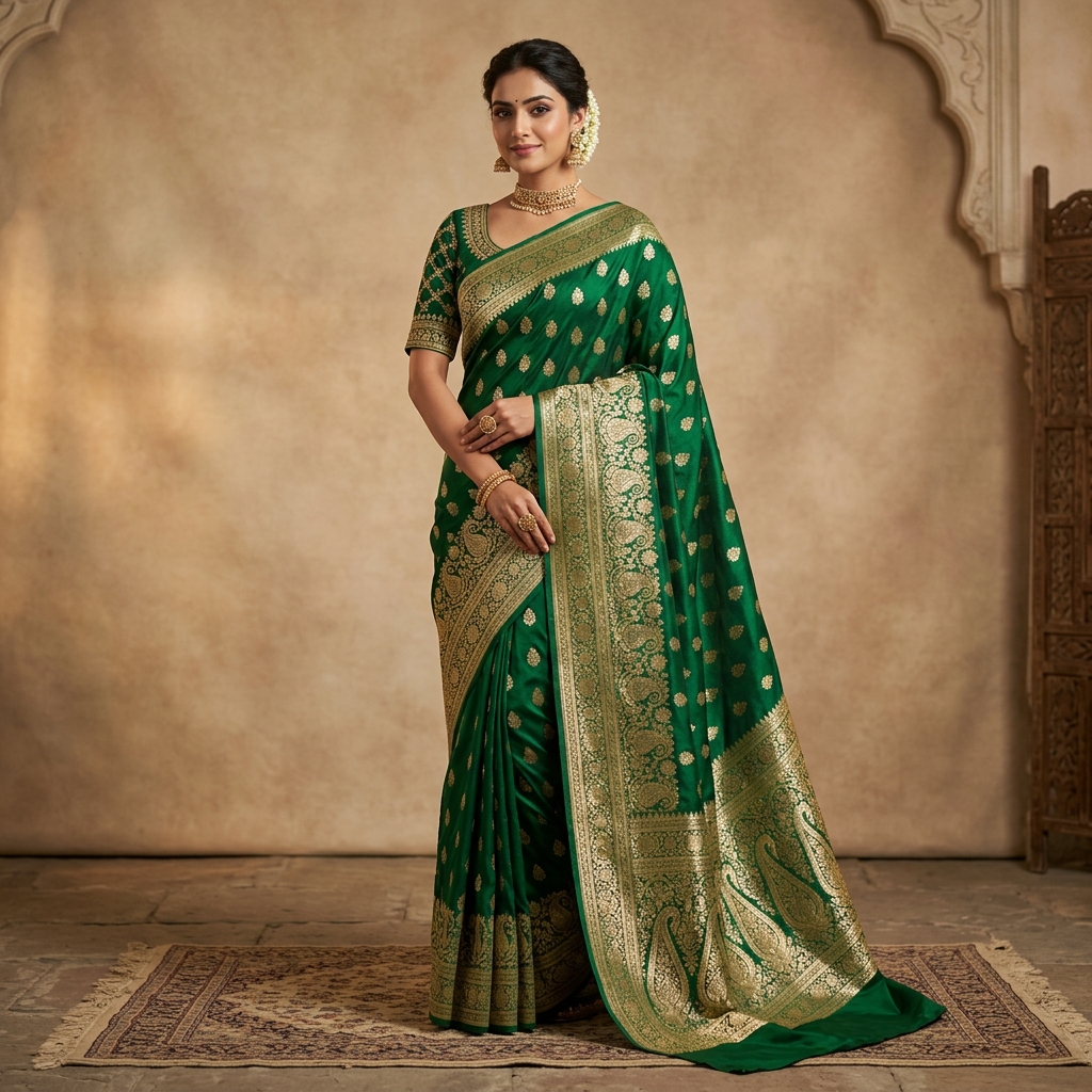 Varanasi Katan Silk Saree — Luxury Editorial Closeup